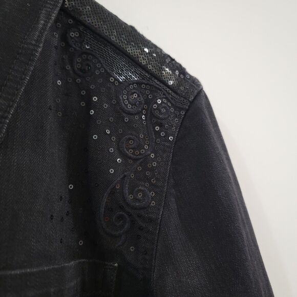 Womens‎ Jean Jacket Size Medium Black Embroidered Sequin Western Button Up - Picture 5 of 5